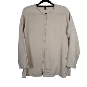 Eileen Fisher Irish Linen Button Front Shirt Side Slits Light Ecru Petite Medium